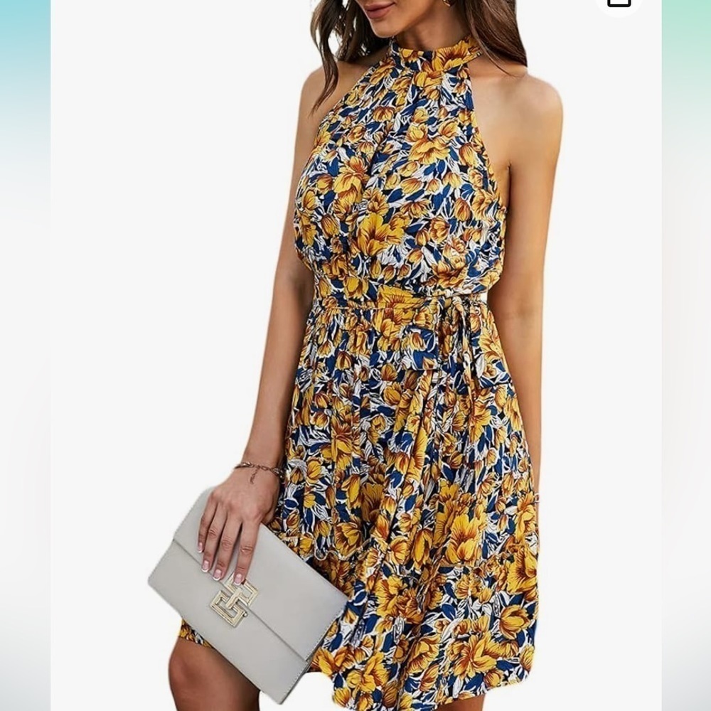 Women's Floral High Neck Floral Halter Ruffled Boho Short Dress NWT Size Medium
